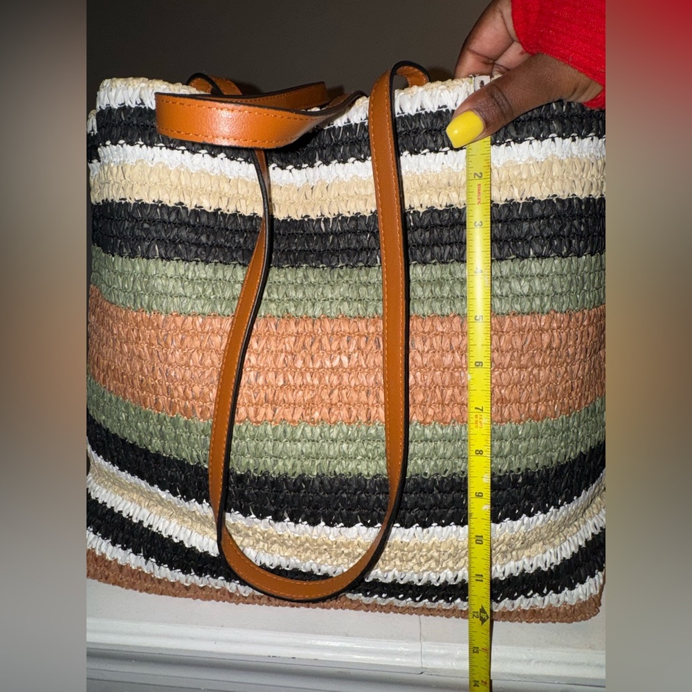 Striped Straw Tote Bag - Brown/Green/Black - Picture 5 of 5